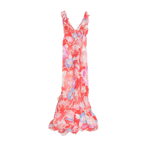 Vintage Y2K Sheer Ruffled Watercolor Floral Chiffon V-Neck Maxi Dress