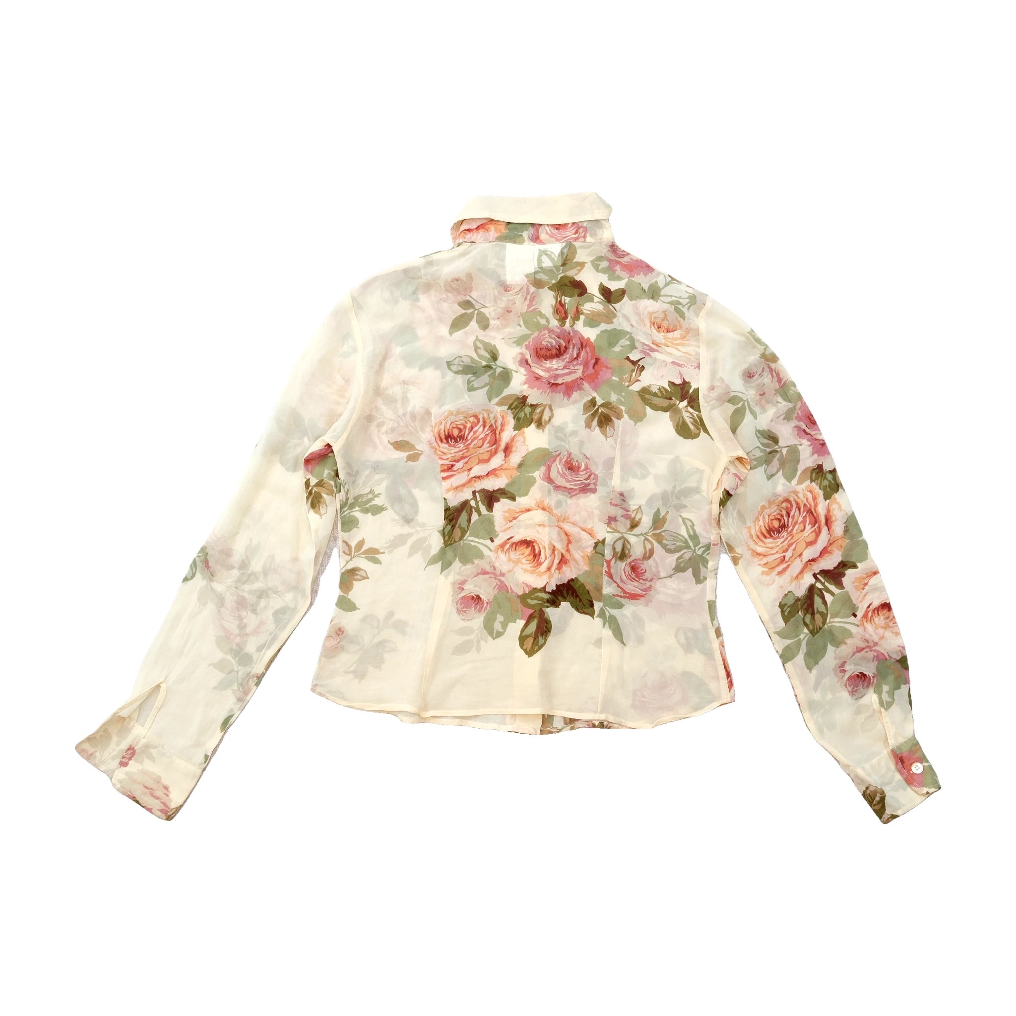 Sheer Beige Rose Print Button-Up Blouse