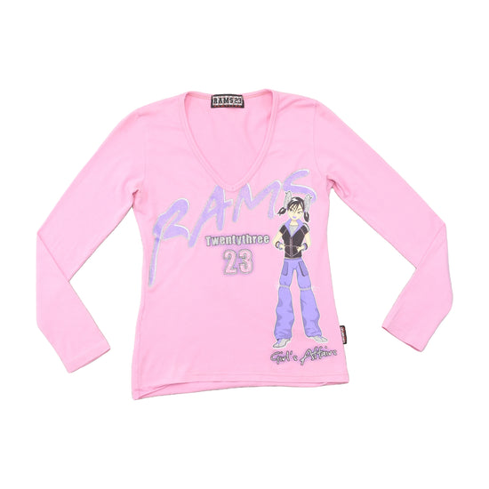 RAMS23 Glitter Graphic Long Sleeve V-Neck T-Shirt