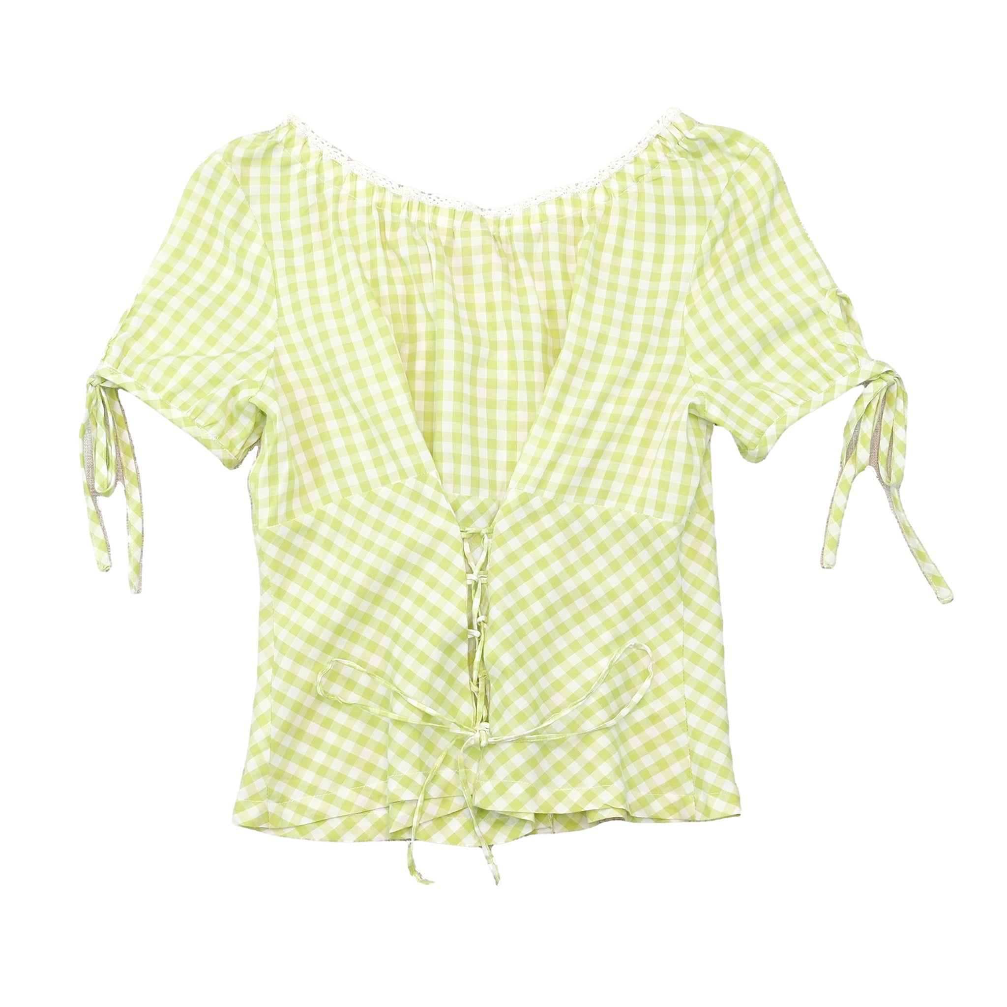 Blusa Camponesa Birkhahn Mode em xadrez Vichy com Acabamento em renda
