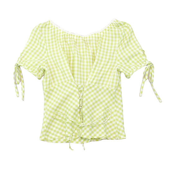 Blusa Camponesa Birkhahn Mode em xadrez Vichy com Acabamento em renda