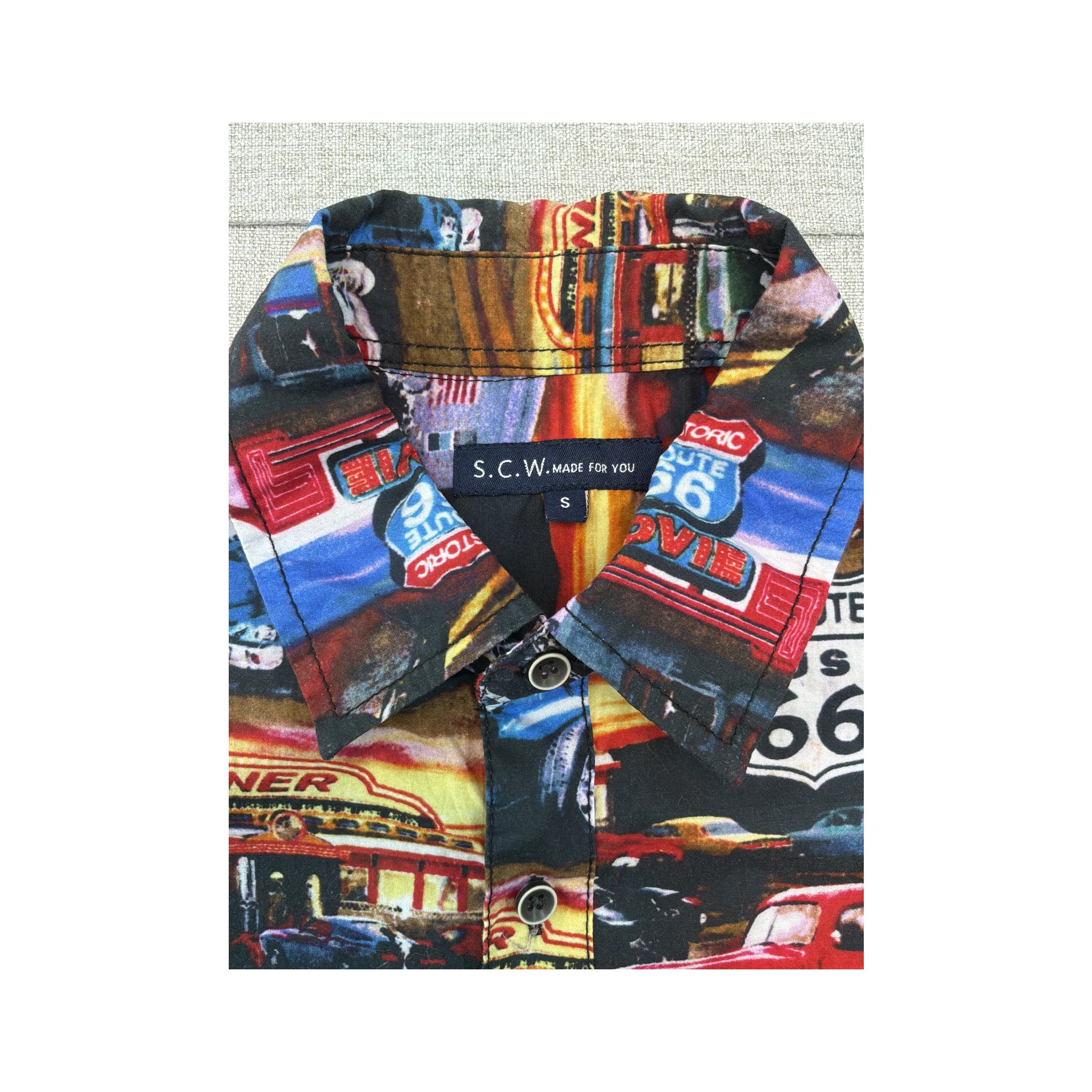 S.C.W. Made For You Route 66 Classic Car Print Cotton Button Up Shirt