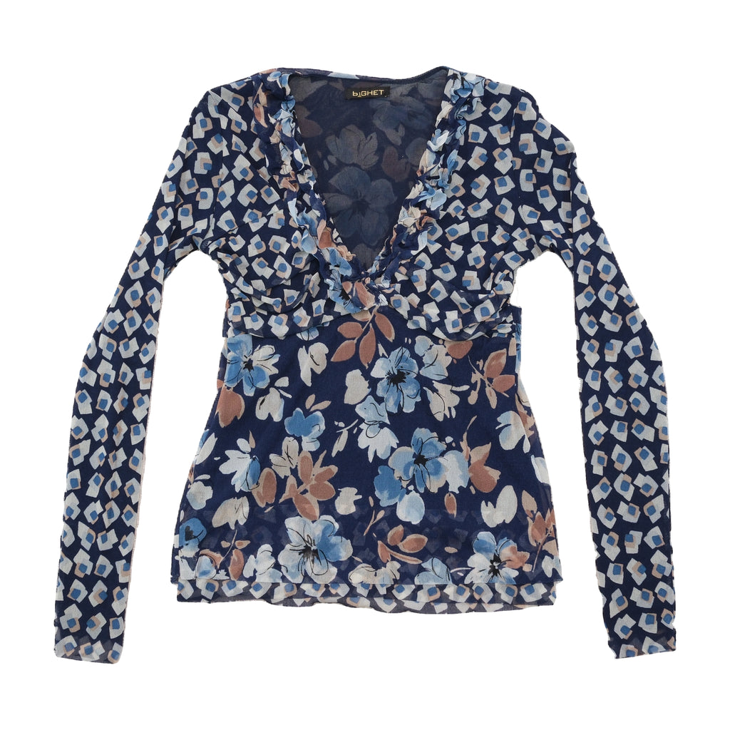 Bighet Sheer Ruffle Trim Floral Mesh Blouse (Repriced)