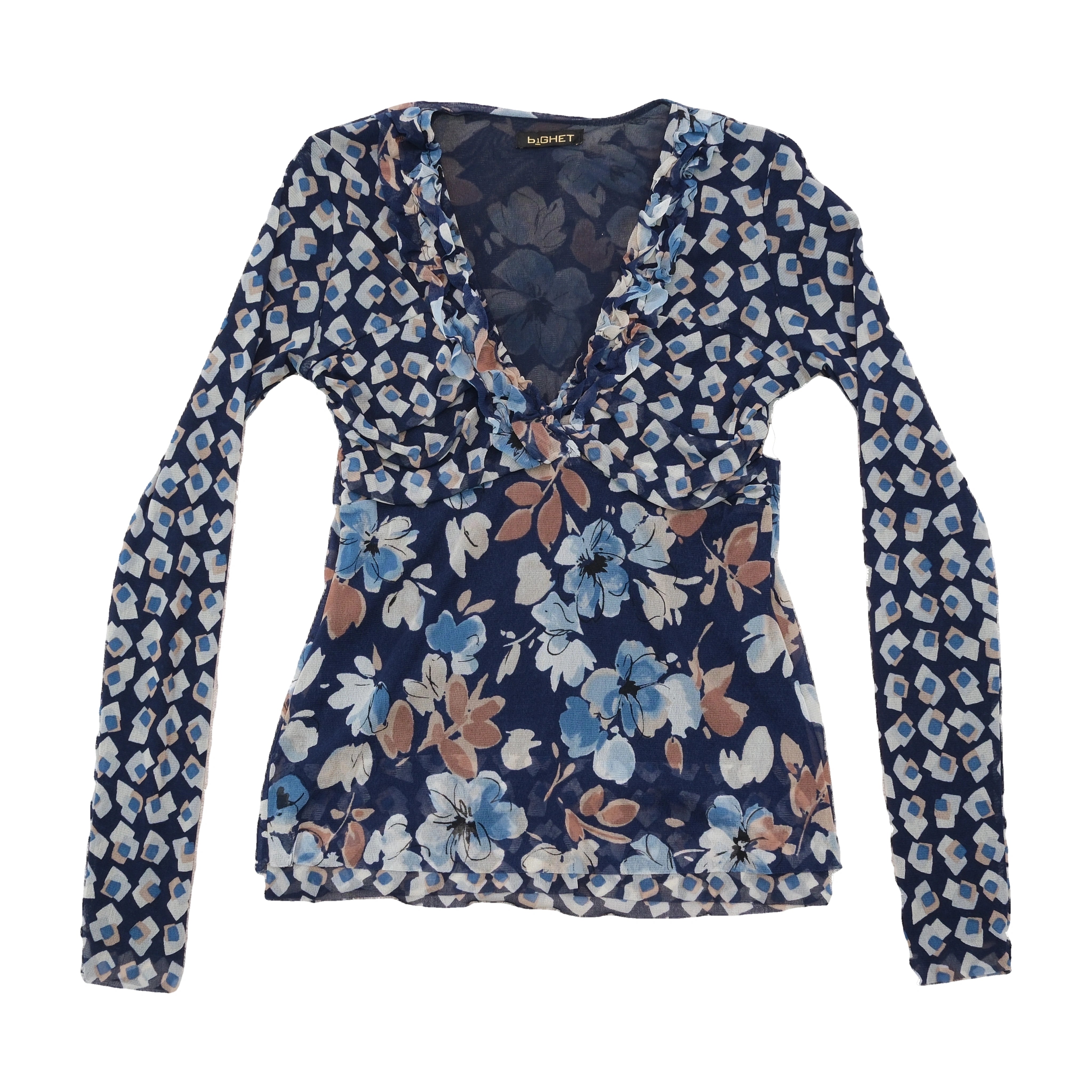 Bighet Sheer Ruffle Trim Floral Mesh Blouse (Repriced)