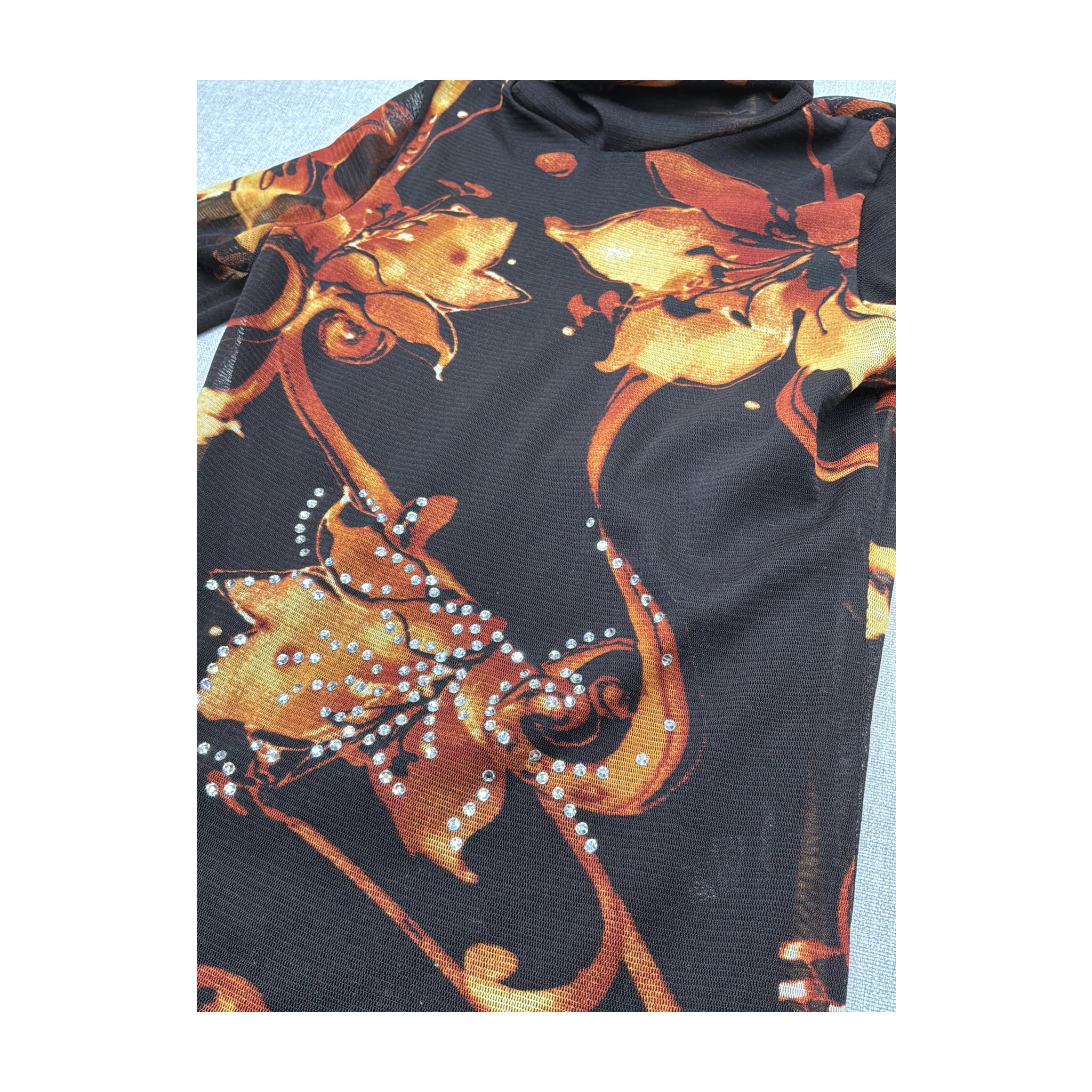 Y2K Sheer Mesh Floral Rhinestone Turtleneck Shirt
