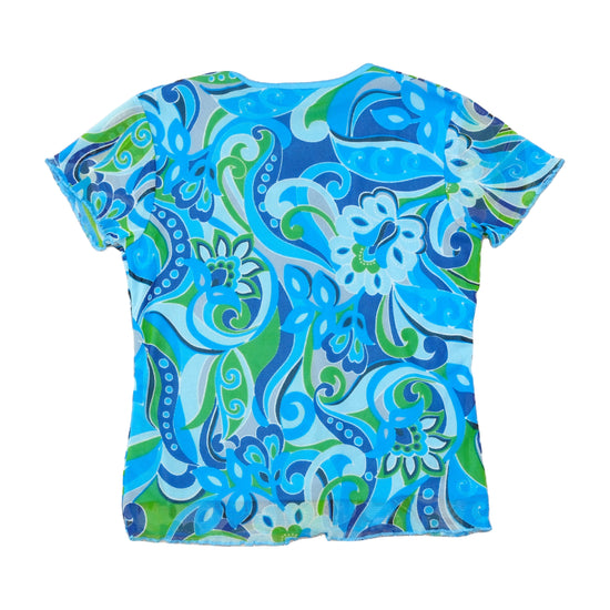 Blusa Pure System em Rede azul e verde com estampado floral Psicadélico
