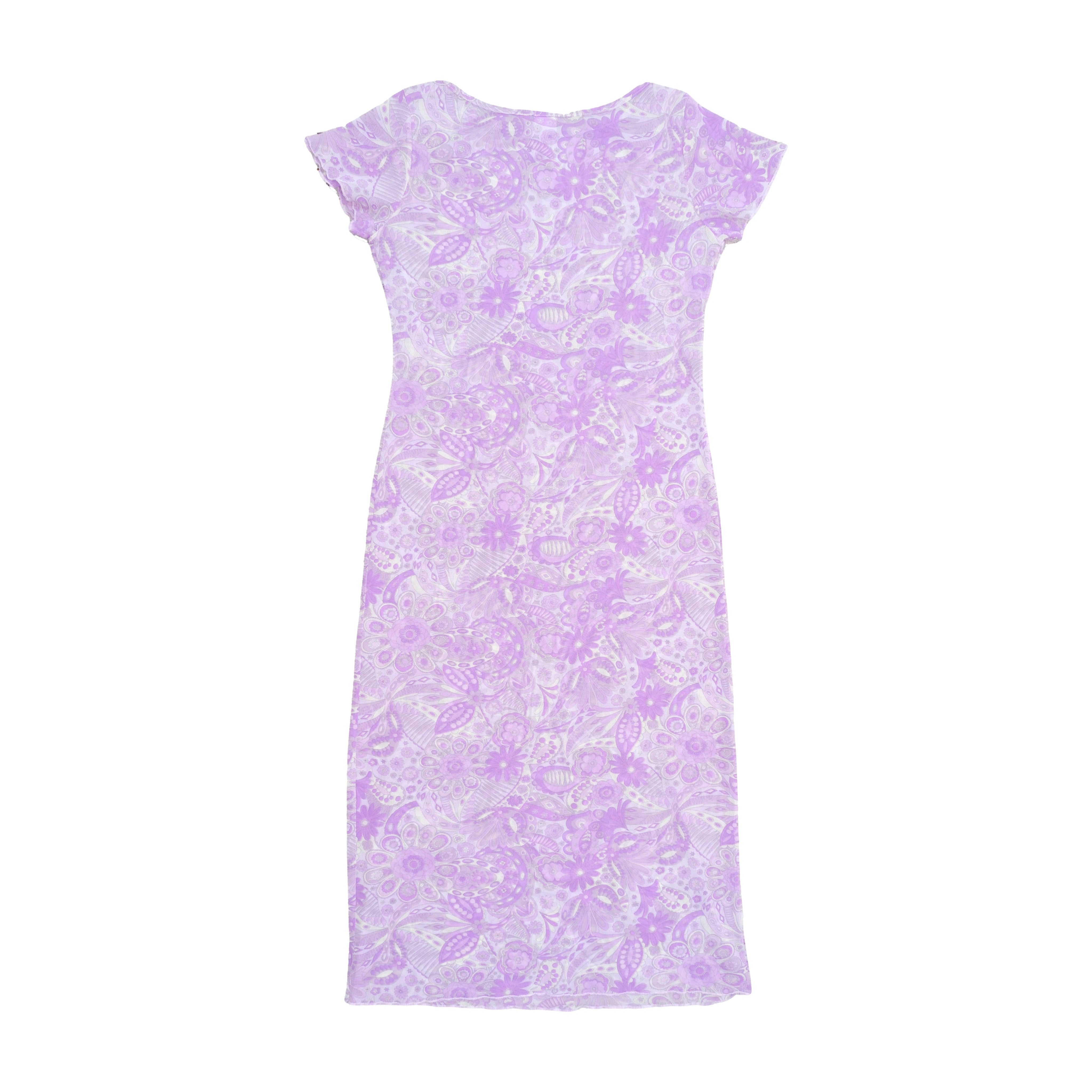 IRGE Purple Floral Paisley Print Lettuce-Edge Cap Sleeve Mesh Midi Dress