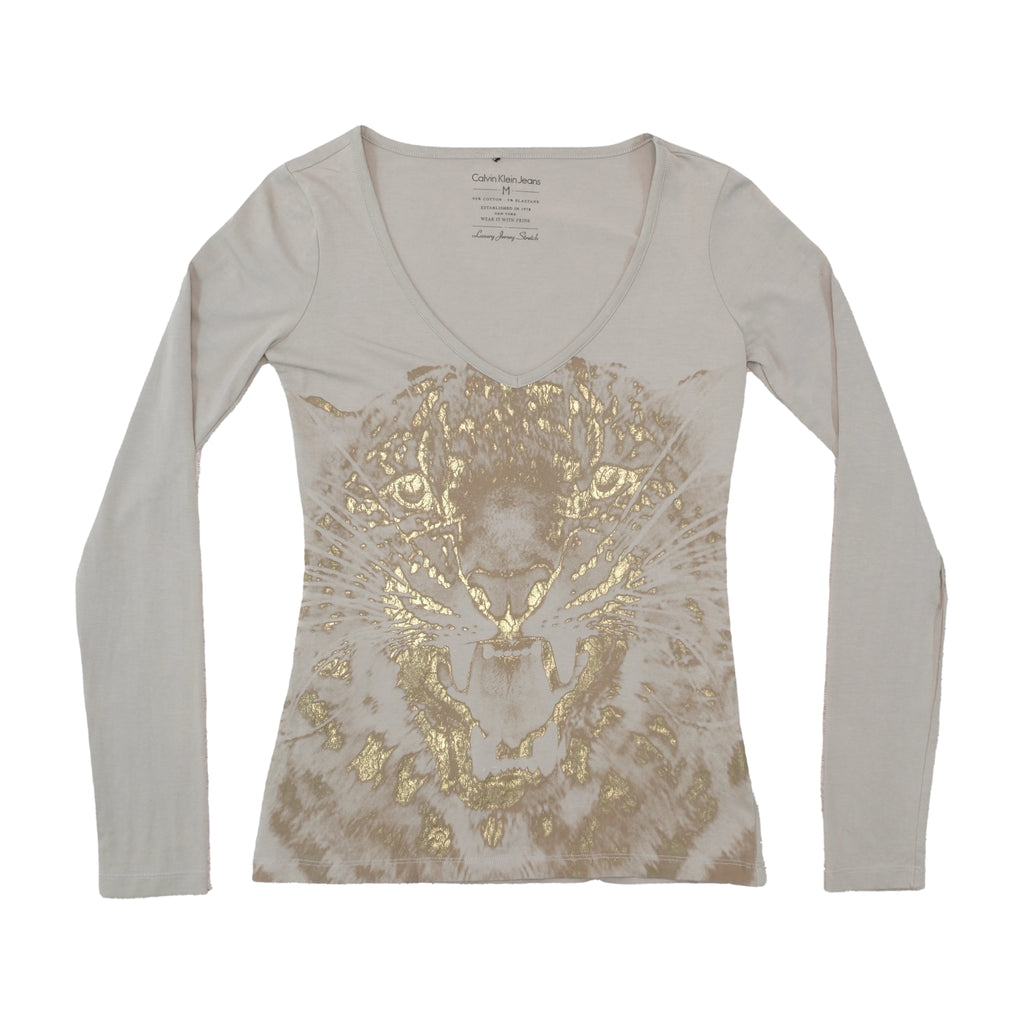Calvin Klein Jeans Metallic Foil Lion Graphic V-Neck Long Sleeve T-shirt
