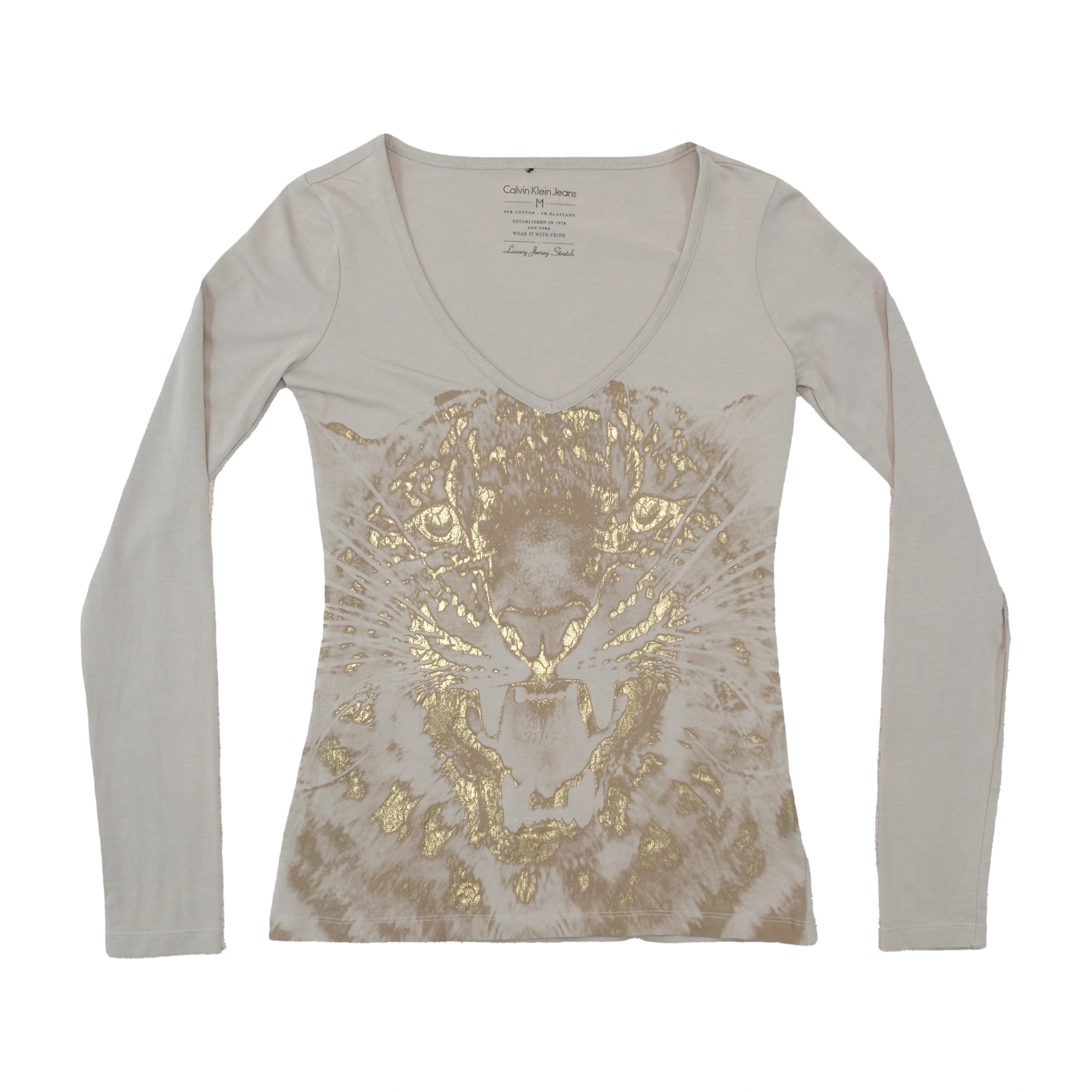 Calvin Klein Jeans Metallic Foil Lion Graphic V-Neck Long Sleeve T-shirt