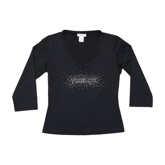 Versace Rhinestone Logo V-Neck Long Sleeve T-shirt