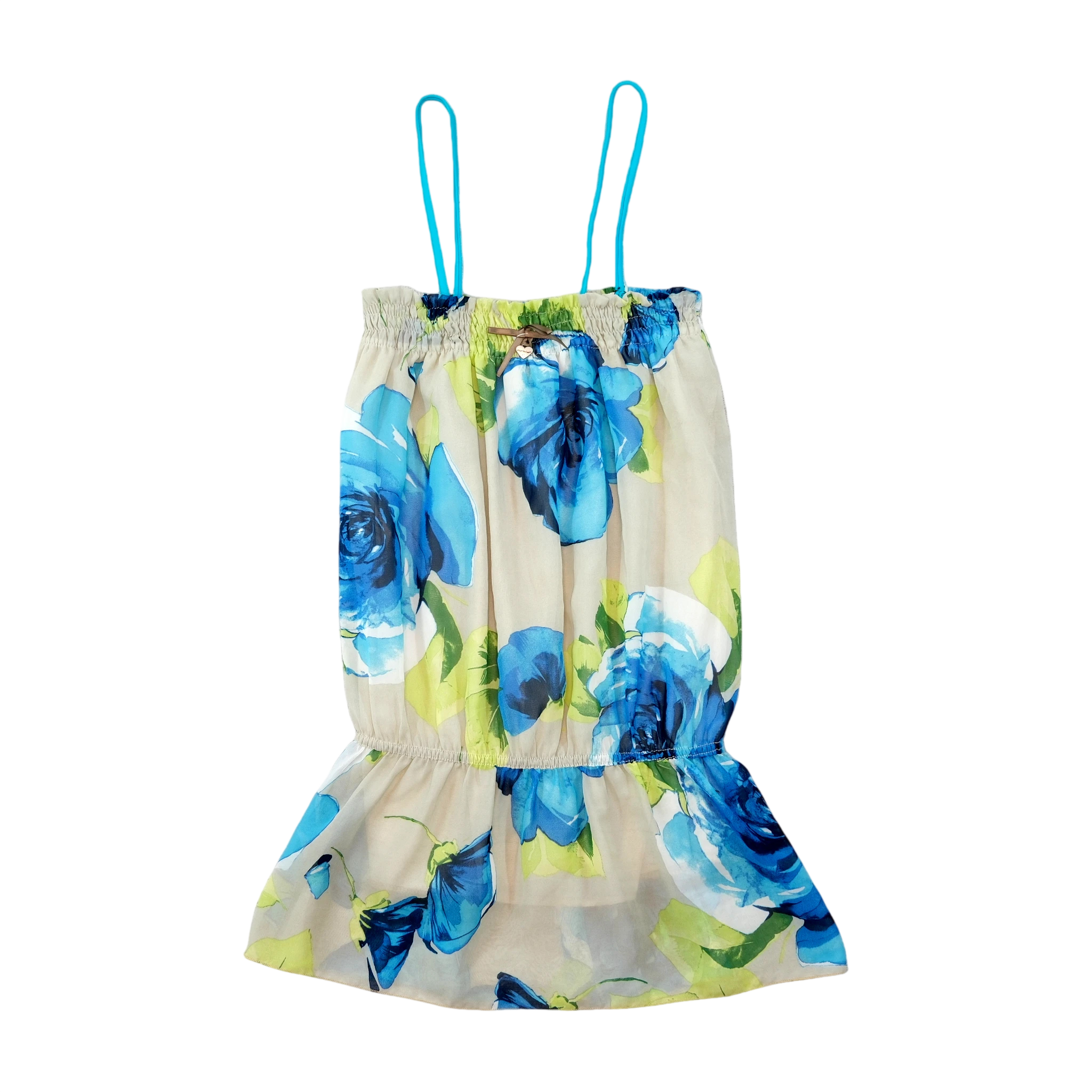 Made in Italy Beige Blue Rose Floral Chiffon Mini Dress (M)