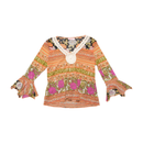 Blusa Max-w de Manga de Sino com riscas florais e Acabamento em Crochet