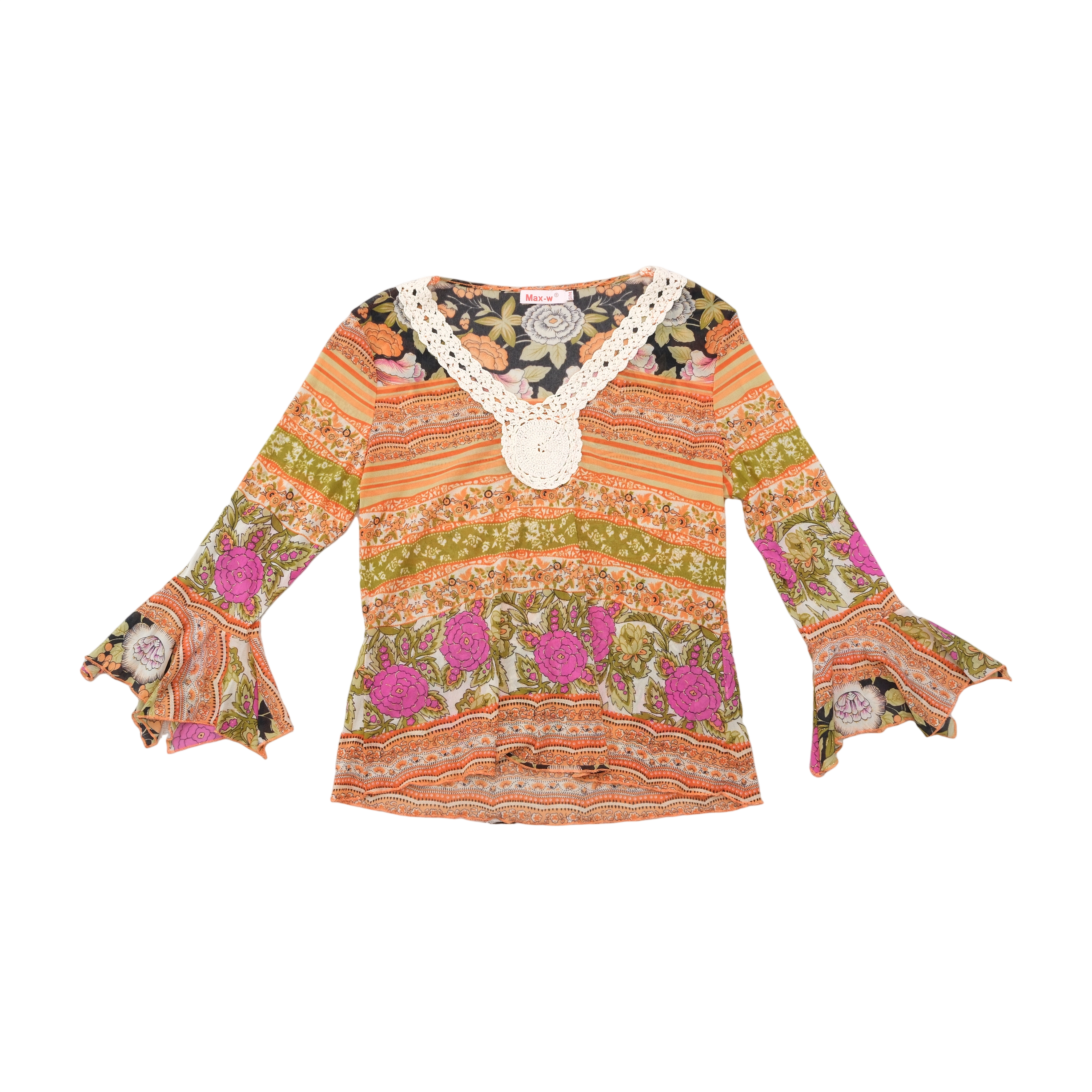 Blusa Max-w de Manga de Sino com riscas florais e Acabamento em Crochet