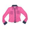 Babe Sheer Pink Mesh Button Up Shirt with Denim Trim