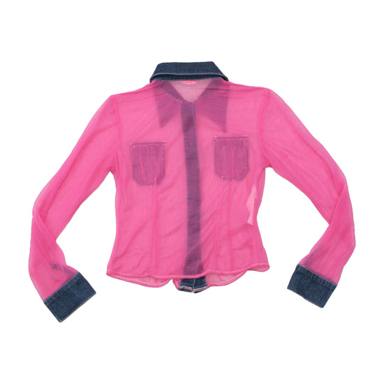 Babe Sheer Pink Mesh Button Up Shirt with Denim Trim