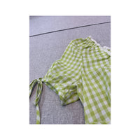 Blusa Camponesa Birkhahn Mode em xadrez Vichy com Acabamento em renda