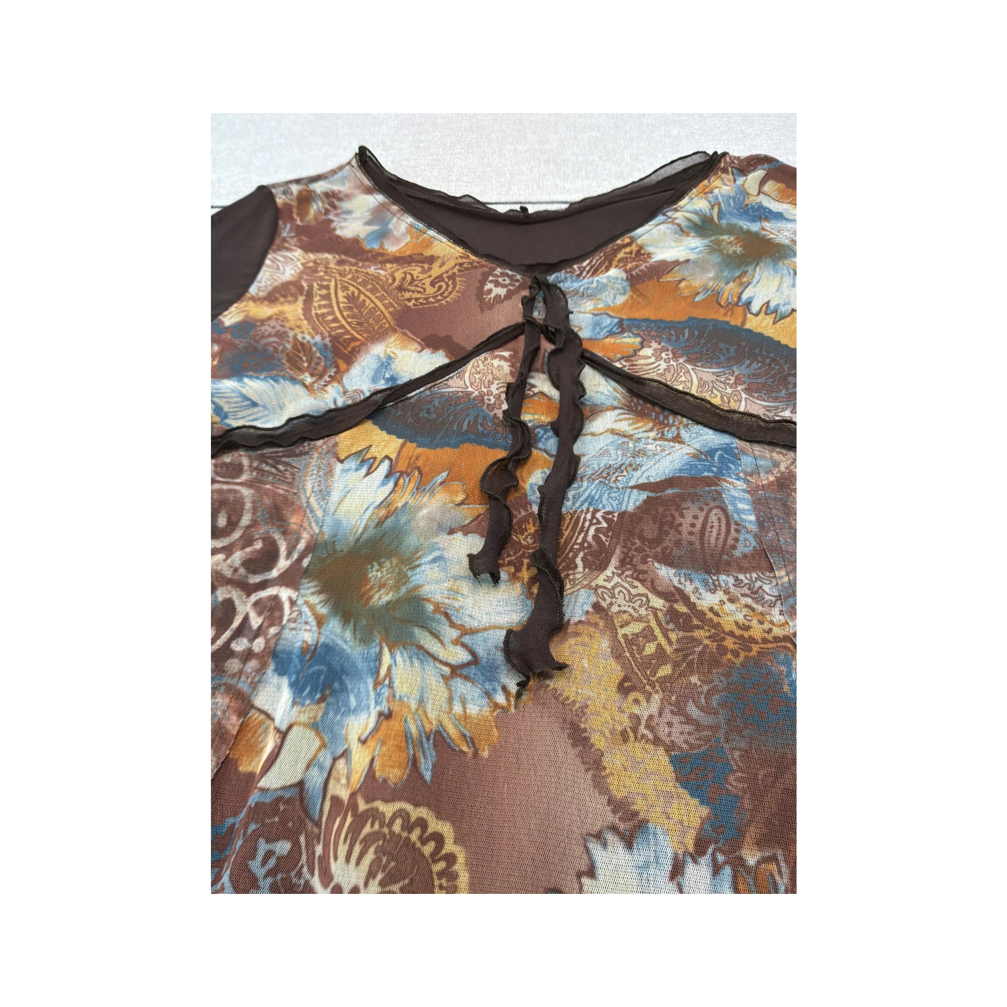 Y2K Sheer Floral Paisley Tie Front Mesh Blouse (Repriced)