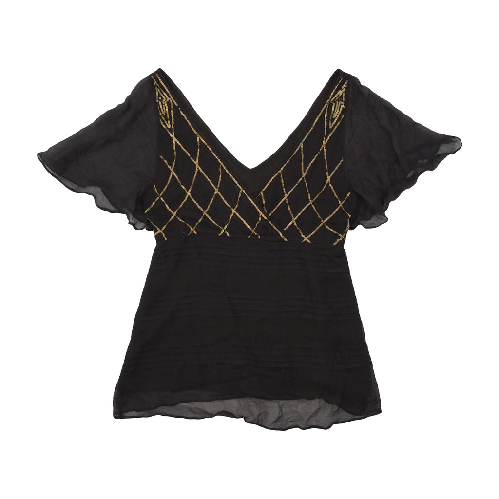 Black Silk Sequin Embellished Flutter Sleeve Blouse