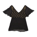 Black Silk Sequin Embellished Flutter Sleeve Blouse