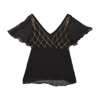 Black Silk Sequin Embellished Flutter Sleeve Blouse
