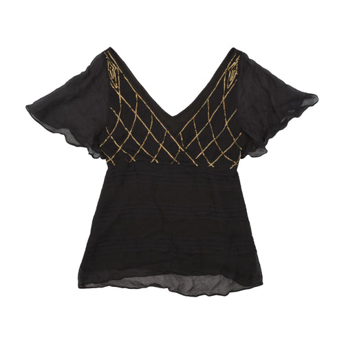 Black Silk Sequin Embellished Flutter Sleeve Blouse