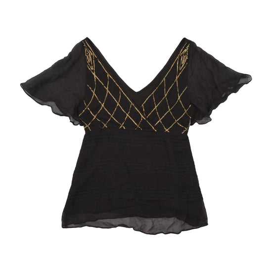 Black Silk Sequin Embellished Flutter Sleeve Blouse