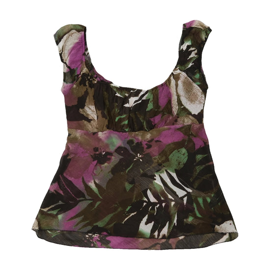 Top de alças Babydoll em Chiffon floral roxo e verde com Cintura de Atar