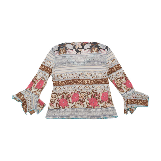 Max-w Floral Stripe Crochet Trim Bell Sleeve Blouse
