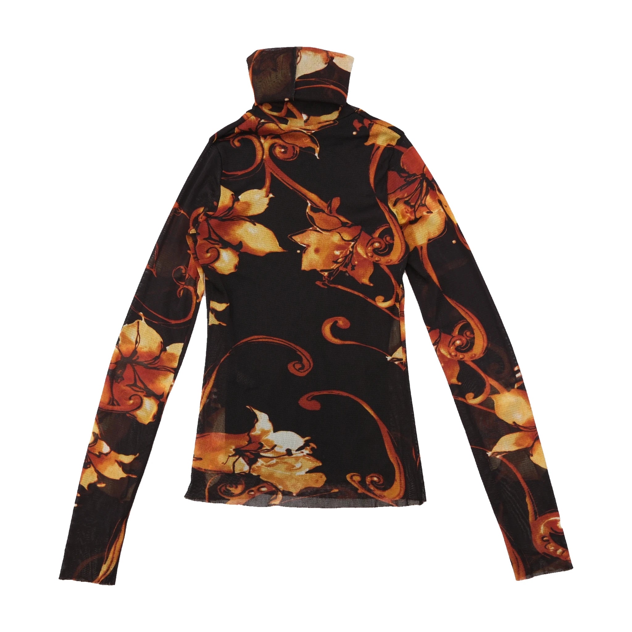 Y2K Sheer Mesh Floral Rhinestone Turtleneck Shirt