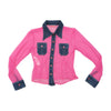 Babe Sheer Pink Mesh Button Up Shirt with Denim Trim