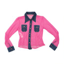 Babe Sheer Pink Mesh Button Up Shirt with Denim Trim