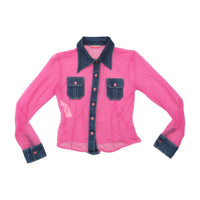 Babe Sheer Pink Mesh Button Up Shirt with Denim Trim
