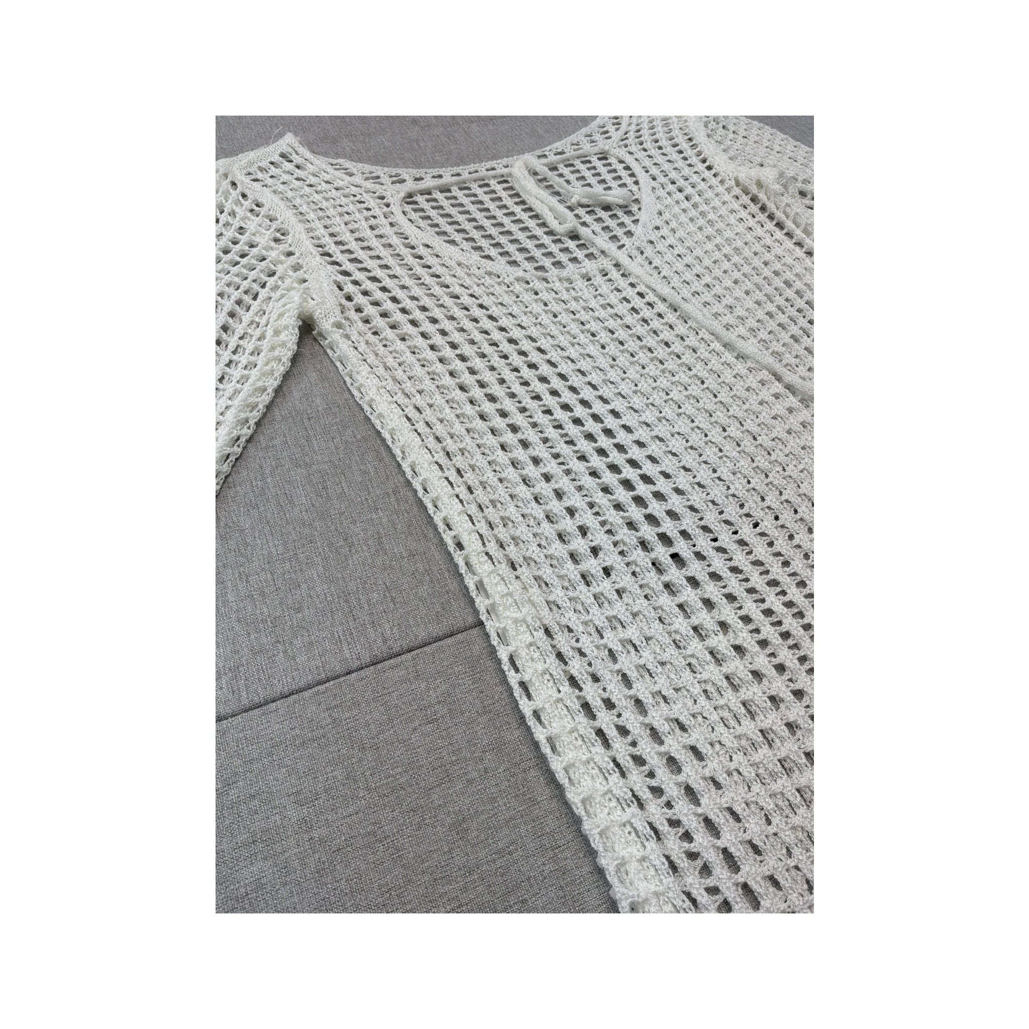 Vintage Open-Knit Grid Pattern Long-Sleeve Midi Dress