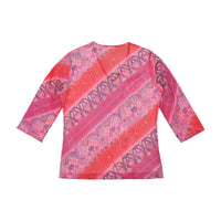 Pink Paisley V-Neck 3/4 Sleeve Mesh Top