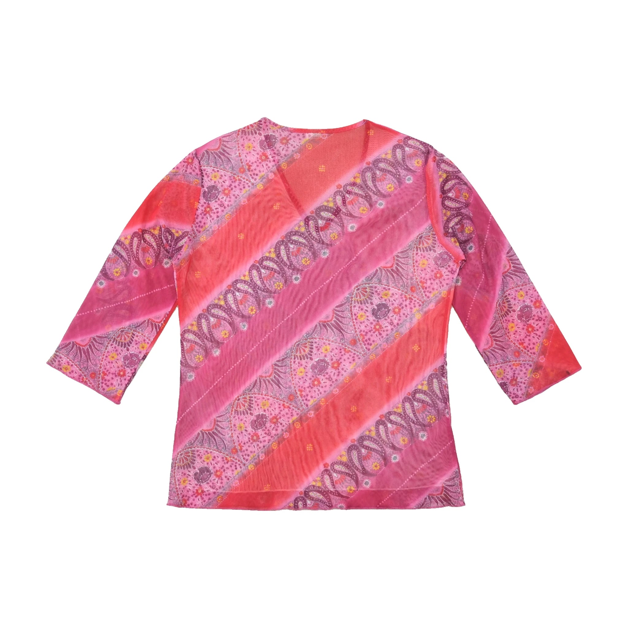 Pink Paisley V-Neck 3/4 Sleeve Mesh Top