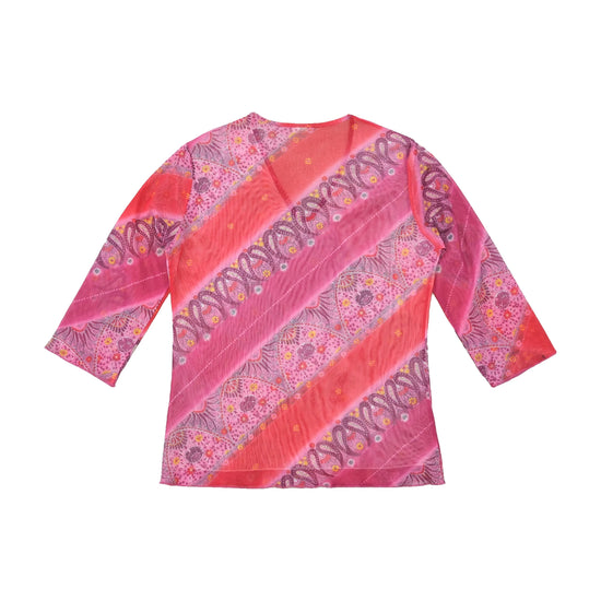 Top em Rede rosa de Manga 3/4 com decote em V e estampado Paisley