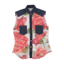 Blusa Transparente em poliéster sem mangas com estampado de rosas, Botões à Frente e gola Estilo ganga