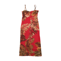 Red Tropical Leaf Print Spaghetti Strap Maxi Dress