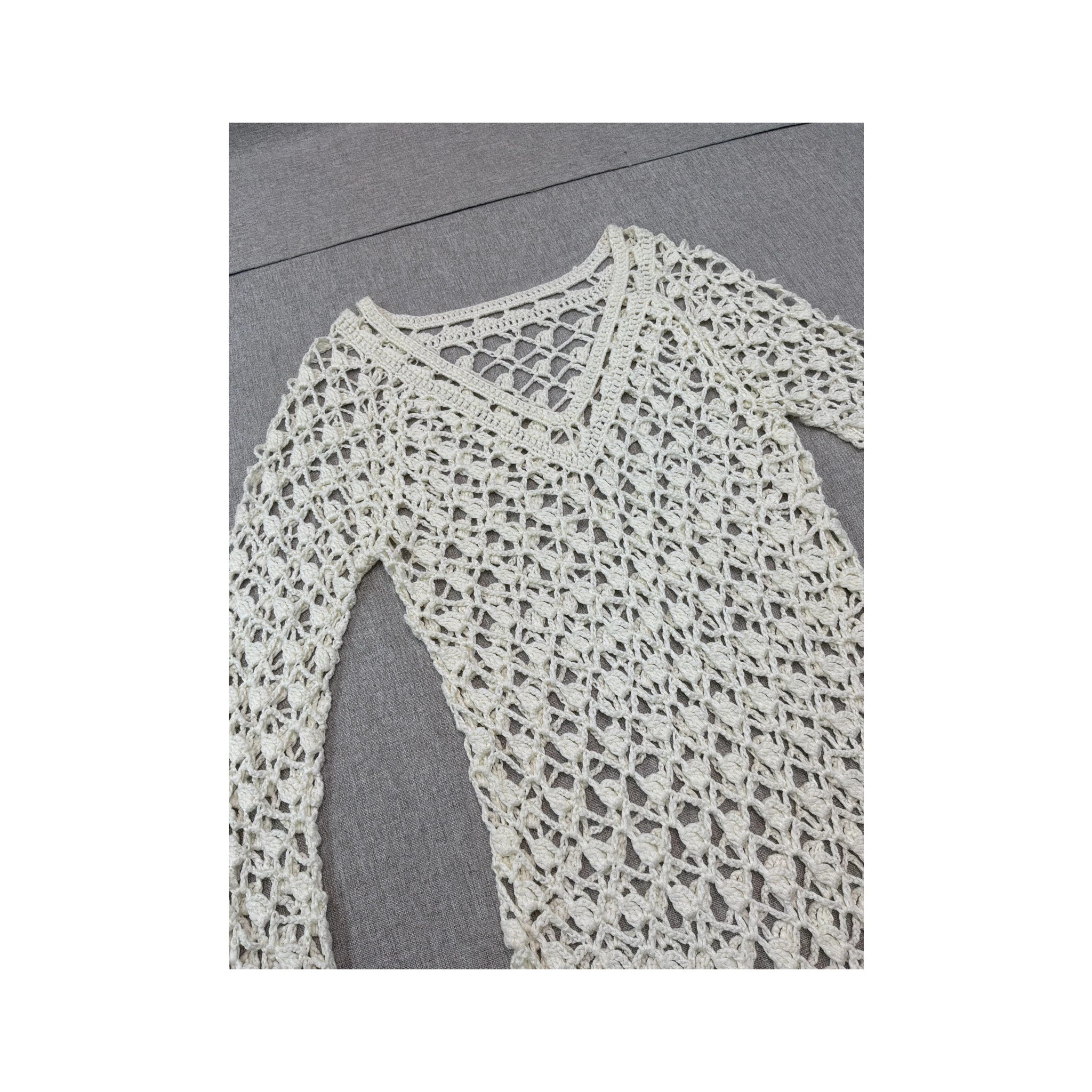 Open Knit Crochet V-Neck Sweater