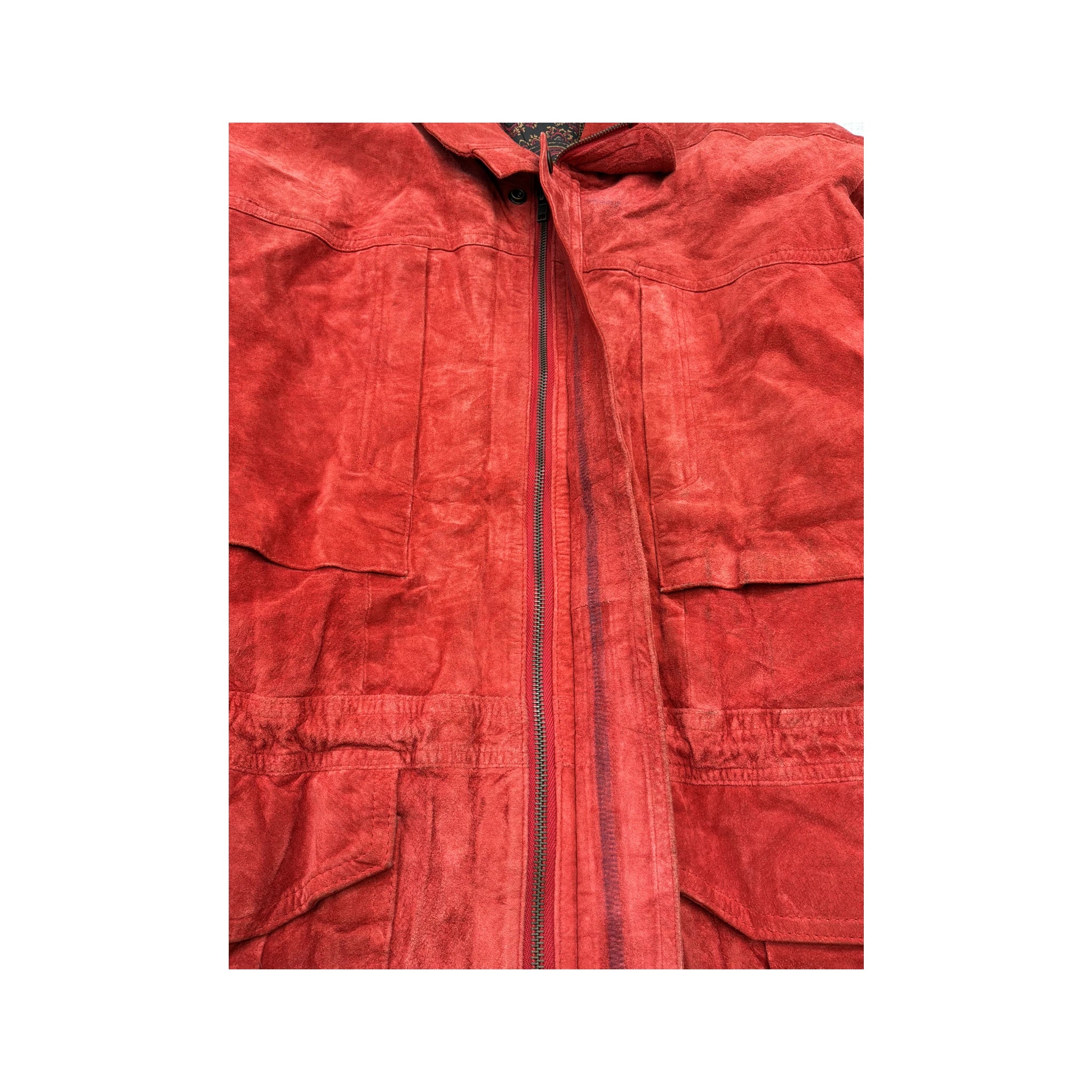 Red Suede Utility Jacket with Paisley Lining