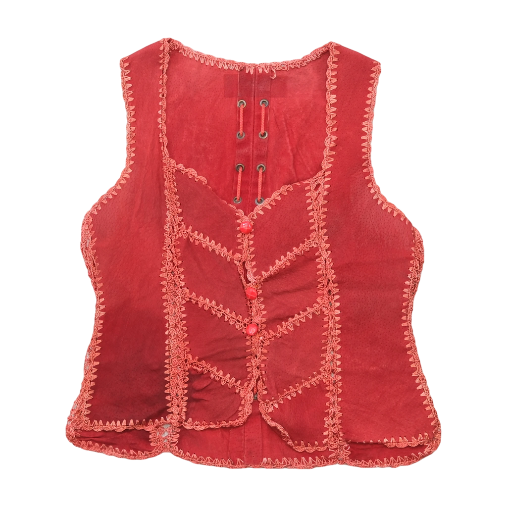 Vintage Red Patchwork Stitch Sleeveless Jacket