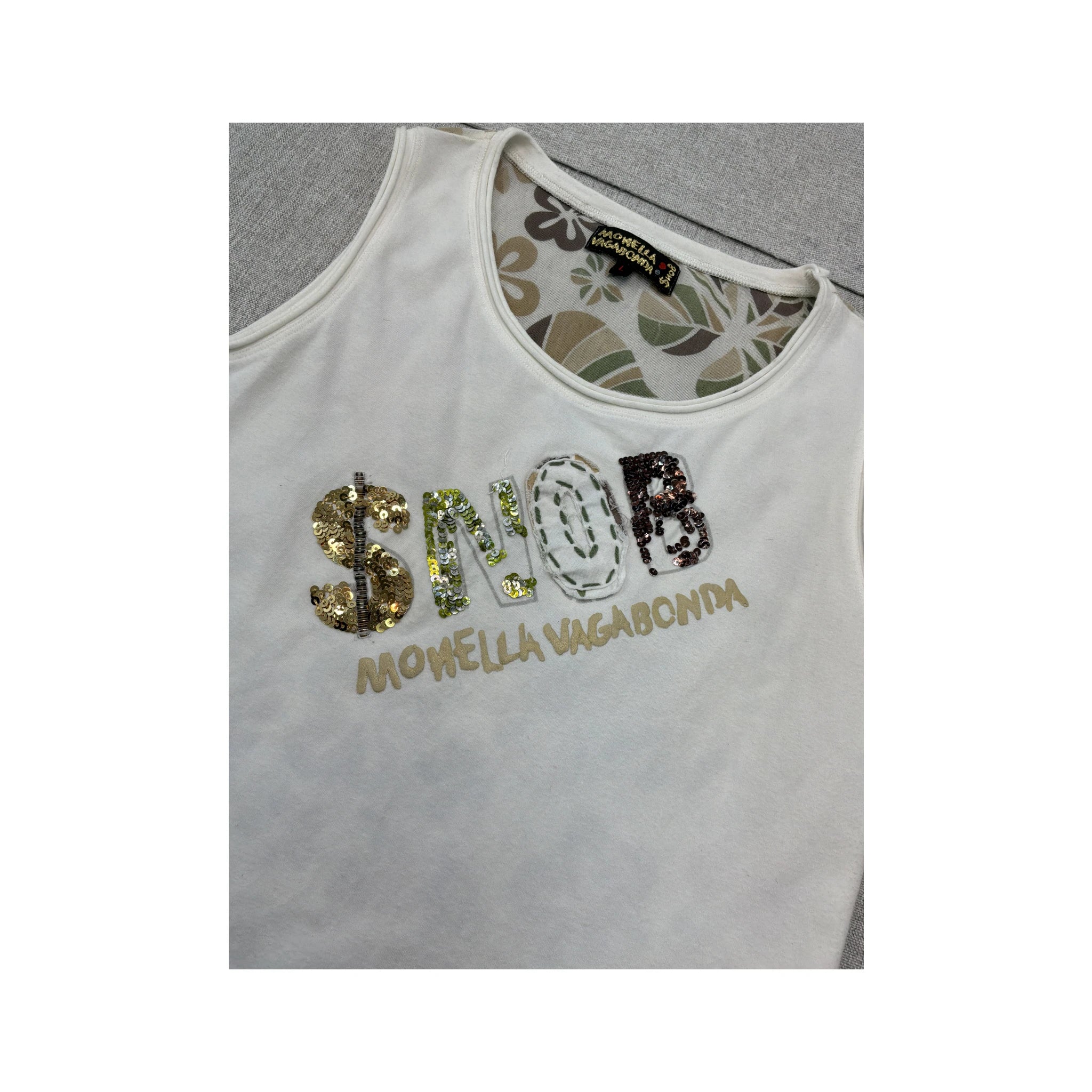 Camisa Monella Vagabonda sem mangas com Lantejoulas e estampado floral SNOB nas Costas