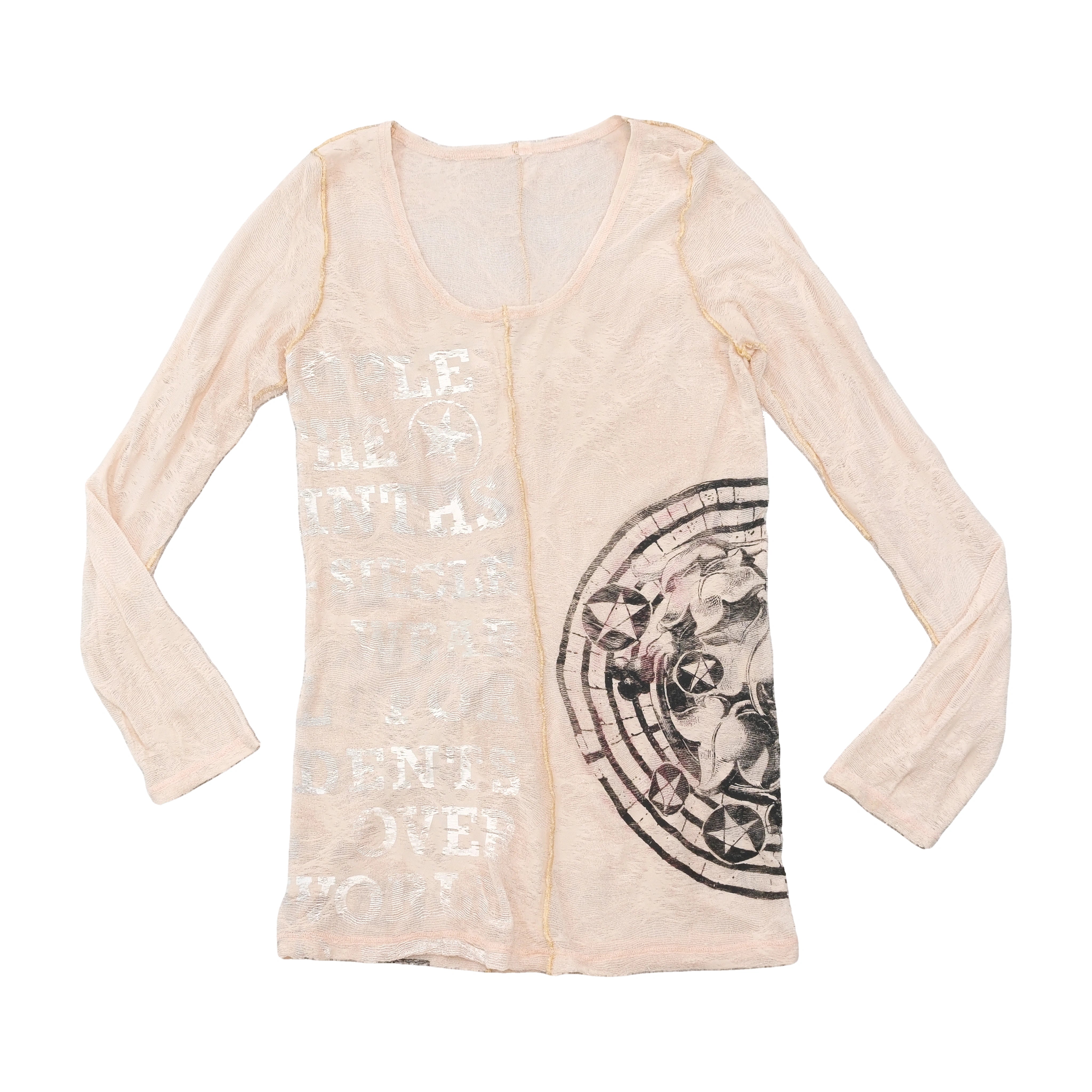 Sheer Distressed Graphic Long Sleeve T-shirt