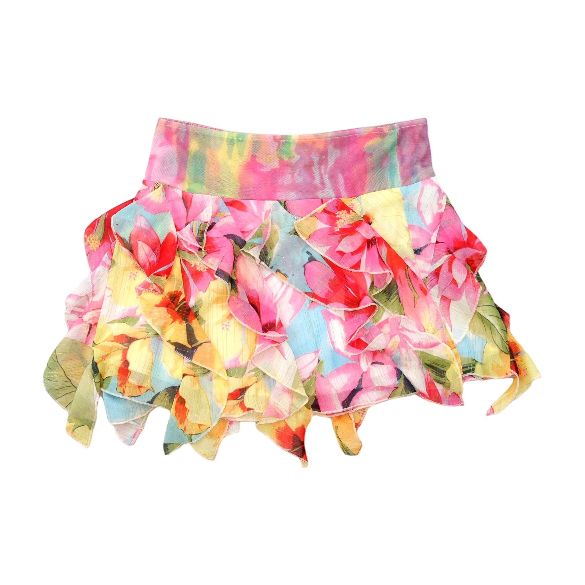 Mini saia floral em Camadas com Folhos e Cós Largo