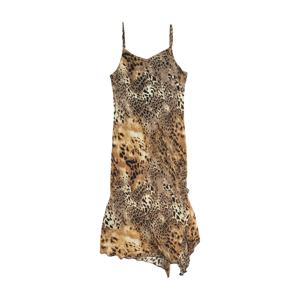 Leopard Print Ruffle Asymmetrical Handkerchief Hem Slip Dress