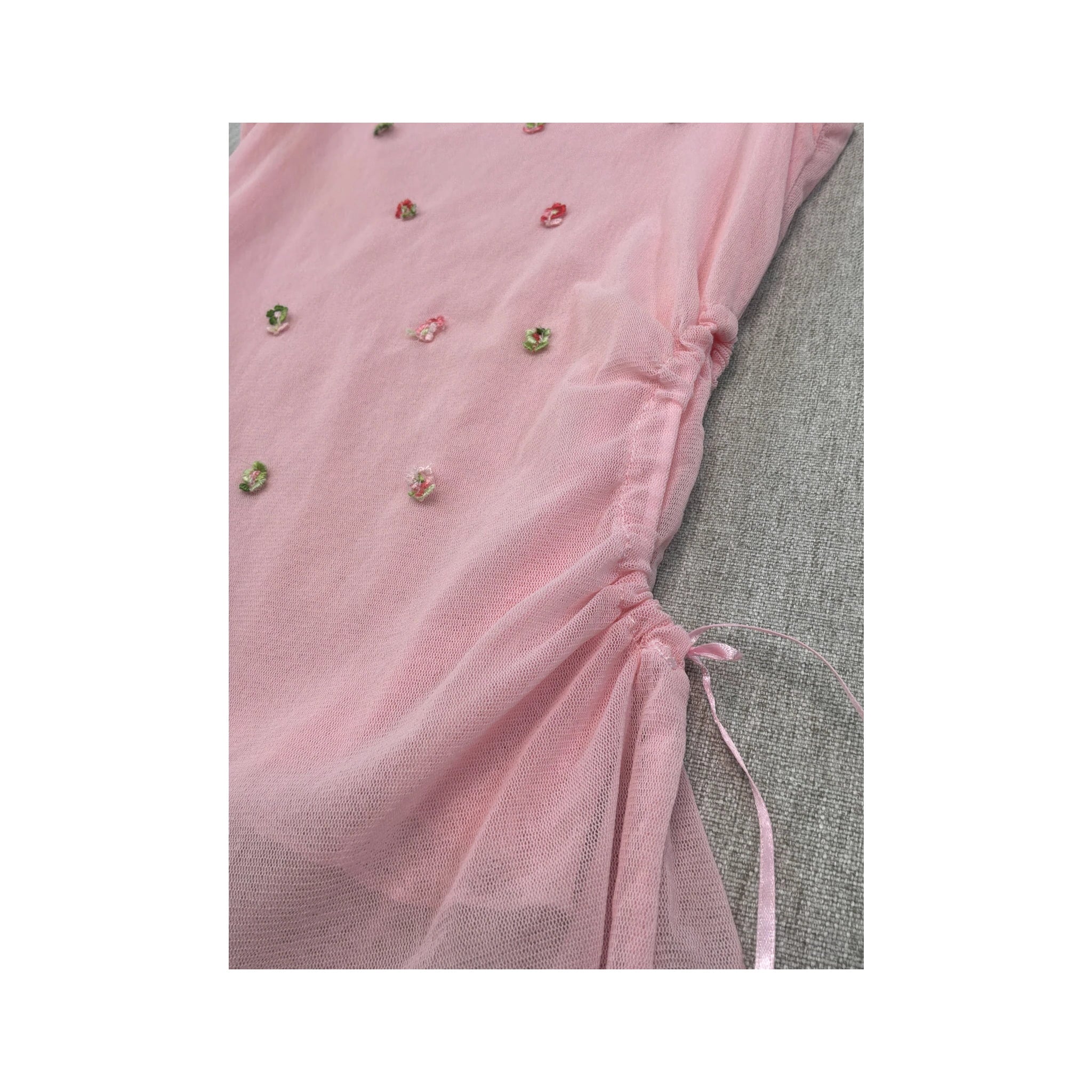 Top de alças Transparente rosa em Rede com Bordado floral