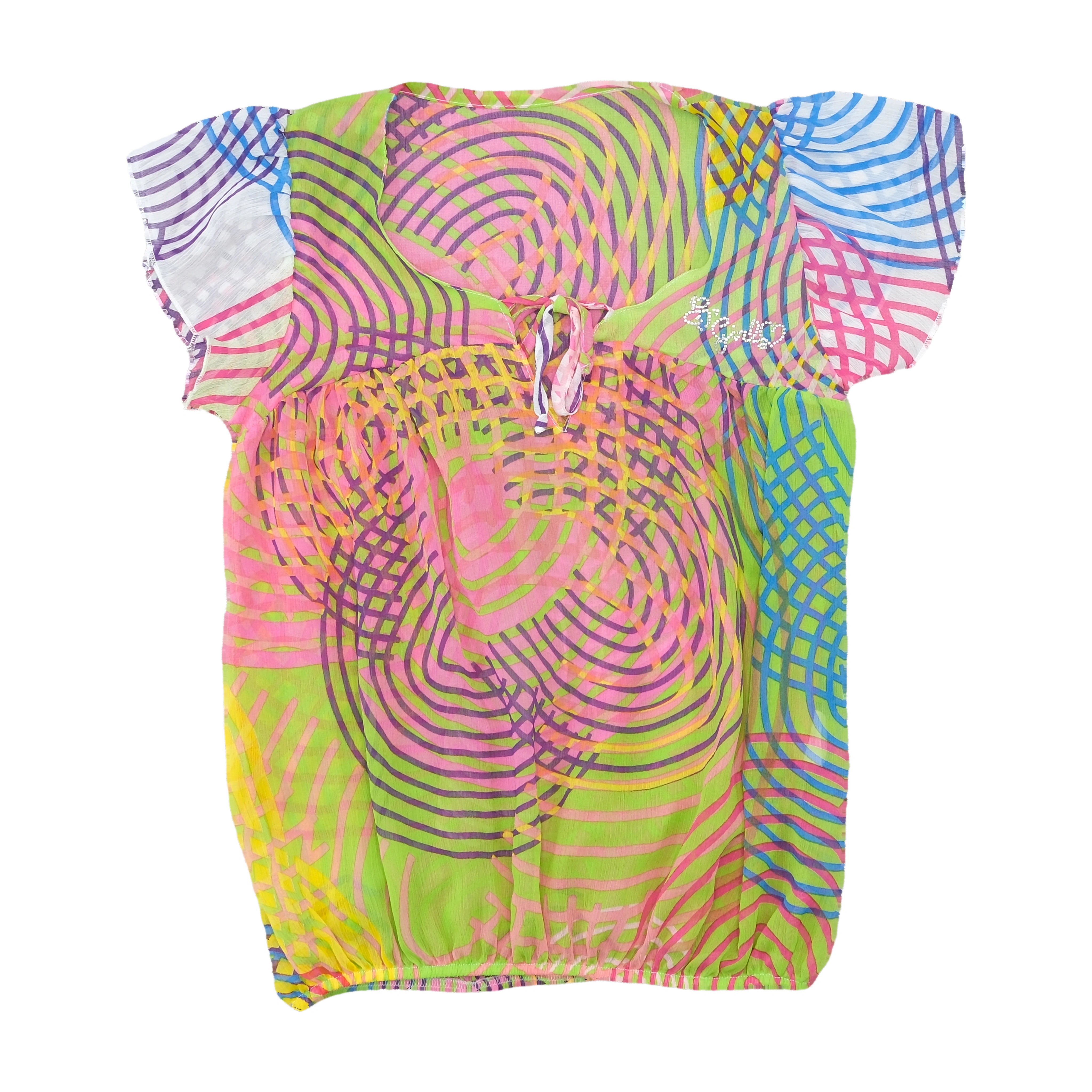 Vintage Abstract Neon Print Tie Neck Blouse