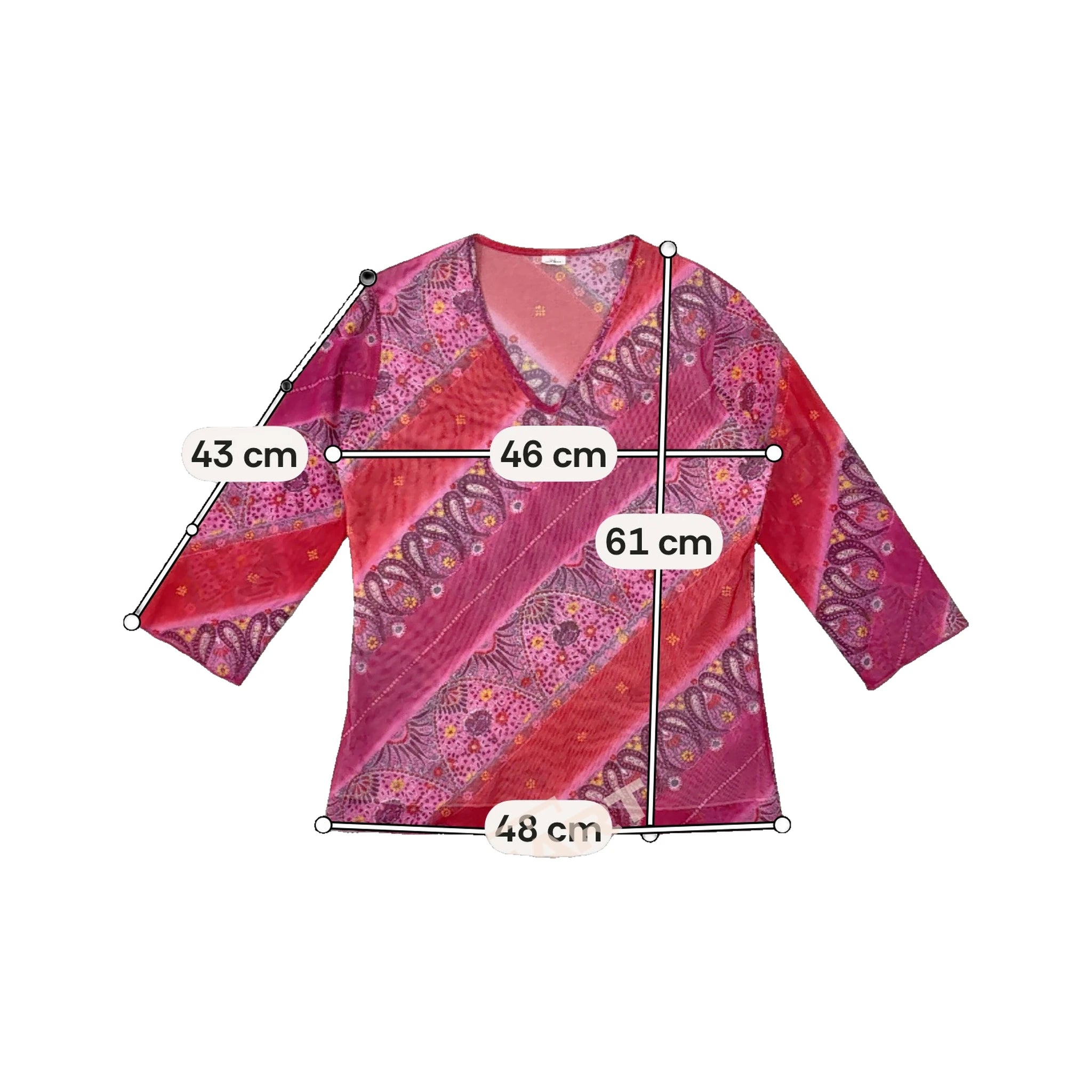 Pink Paisley V-Neck 3/4 Sleeve Mesh Top
