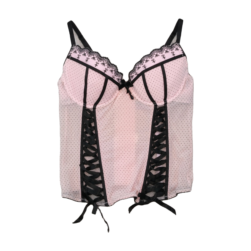 Vintage Pink Polka Dot Lace Trim Ribbon Lace-Up Bustier Tank Top
