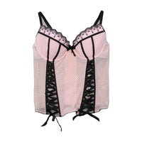 Vintage Pink Polka Dot Lace Trim Ribbon Lace-Up Bustier Tank Top